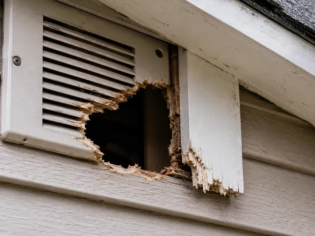 Chewed opening around a gable vent where wildlife has gnawed through the screen