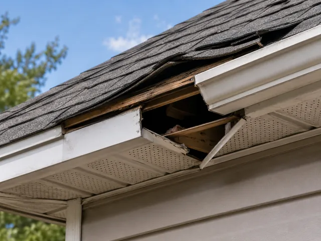 Torn soffit panel and exposed roofline opening where wildlife can enter a home