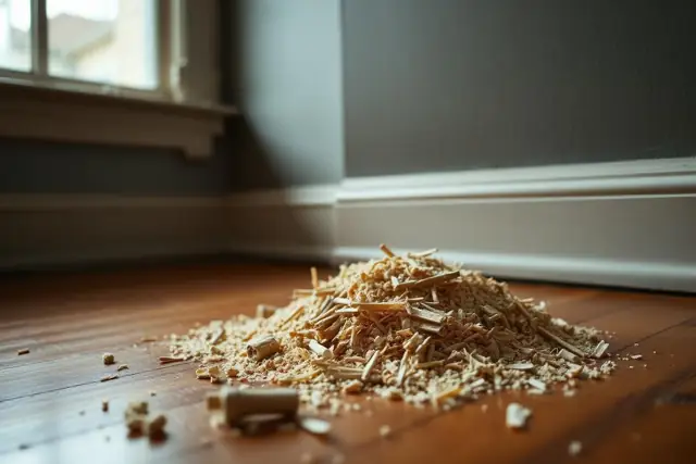 Pile of sawdust-like carpenter ant frass on a floor below wood trim
