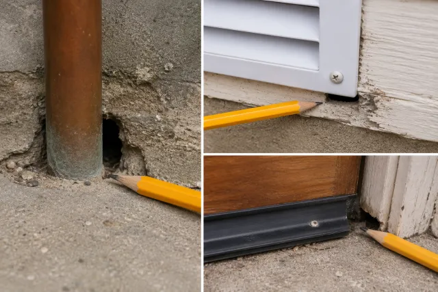 Common mouse entry gaps around a pipe, vent, and door sweep with pencils for scale