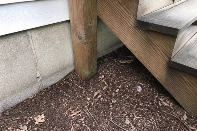 Wooden deck post and stair stringer extending directly into bare soil and mulch beside a house foundation