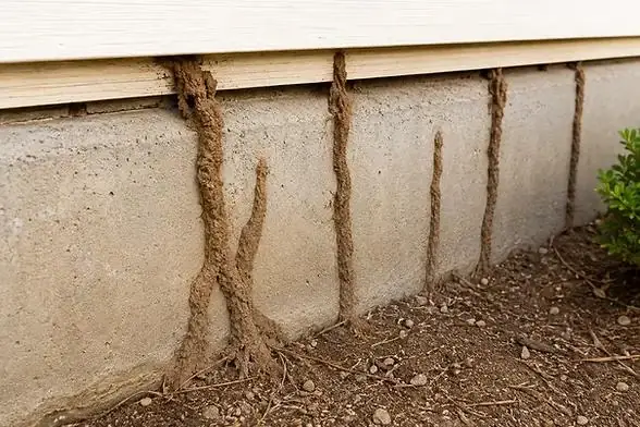 Several termite mud tubes running up a concrete foundation wall to the wood siding above