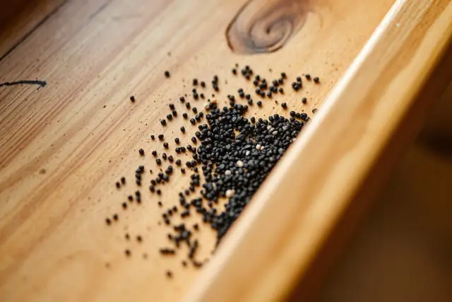 Small dark cockroach droppings in a cabinet corner