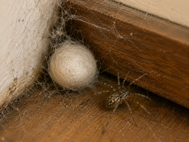 Spider egg sac tucked into a corner where wood trim meets a wall, with a spider nearby