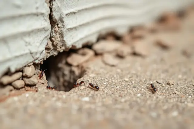 Small ants entering a crack in a concrete slab