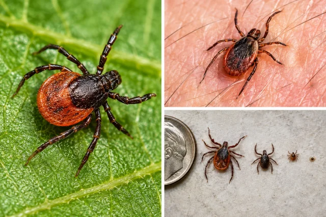 Blacklegged deer tick on a green leaf, attached to human skin, and life stages next to a dime for size comparison