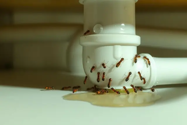 Ants around a damp pipe joint under a sink