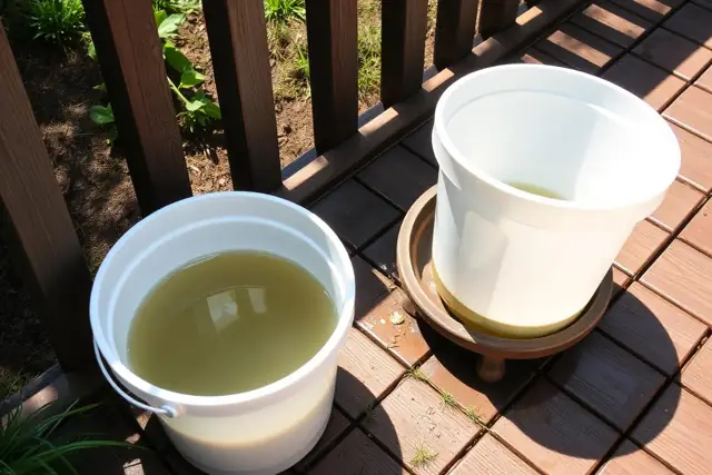 Bucket and plant saucer holding rainwater in a backyard