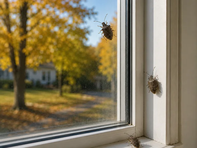 Brown marmorated stink bugs gathered on a white window frame and glass with fall foliage visible outside