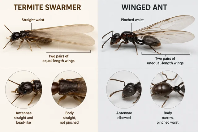 Side-by-side comparison of a termite swarmer and a winged ant showing waist, wings, antennae and body differences