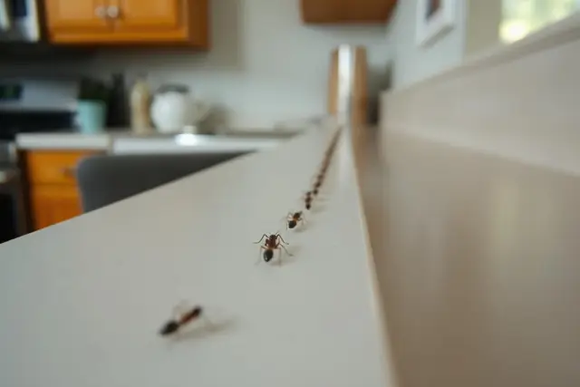 Line of small ants trailing along a kitchen countertop edge