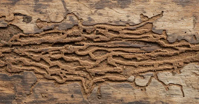 Wood surface showing extensive subterranean termite tunneling and gallery damage