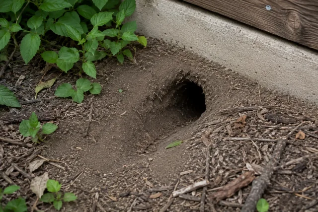 Rat burrow opening in soil next to a concrete foundation
