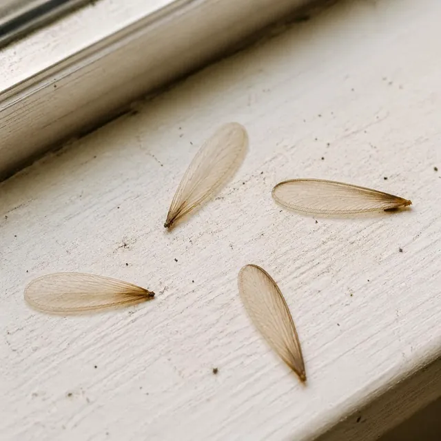 Four discarded termite wings on a white painted windowsill