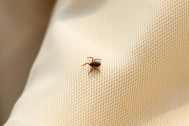 Small tick crawling on a light-colored fabric sleeve