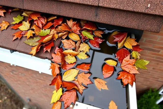 Roof gutter clogged with leaves and holding water