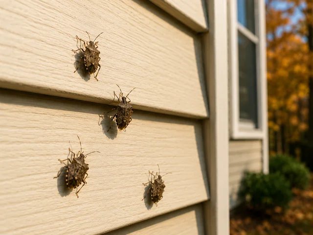 Several brown marmorated stink bugs clustered on light-colored vinyl siding