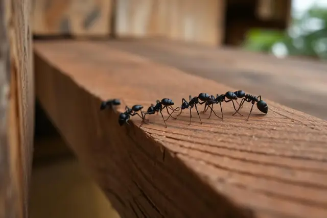 Large black ants walking along a wooden beam