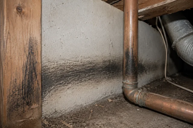 Dark greasy rat rub marks along a basement wall and copper pipe