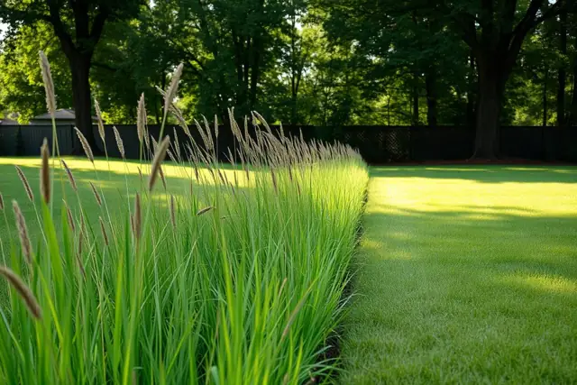 Tall grass along the edge of a wooded backyard