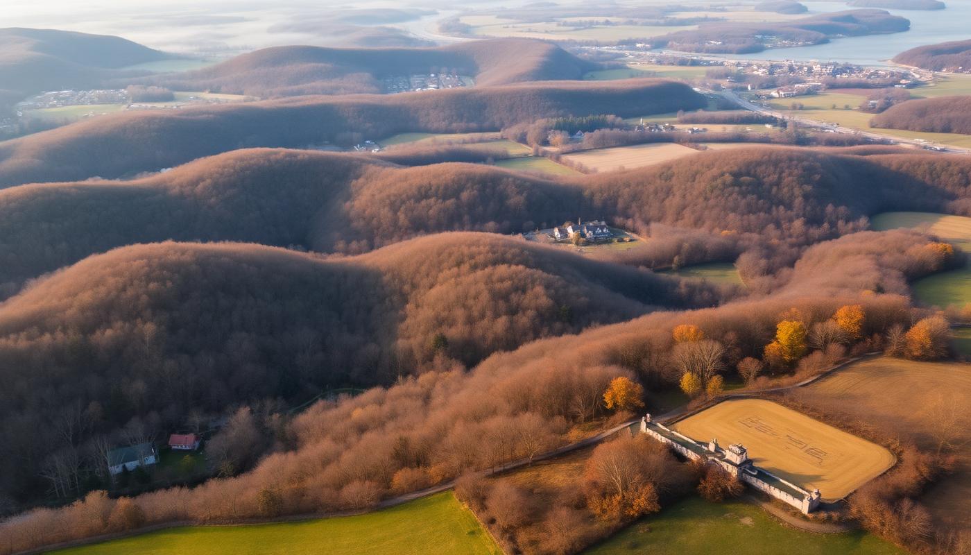 Aerial view of the Hudson Valley's wooded hills and river towns